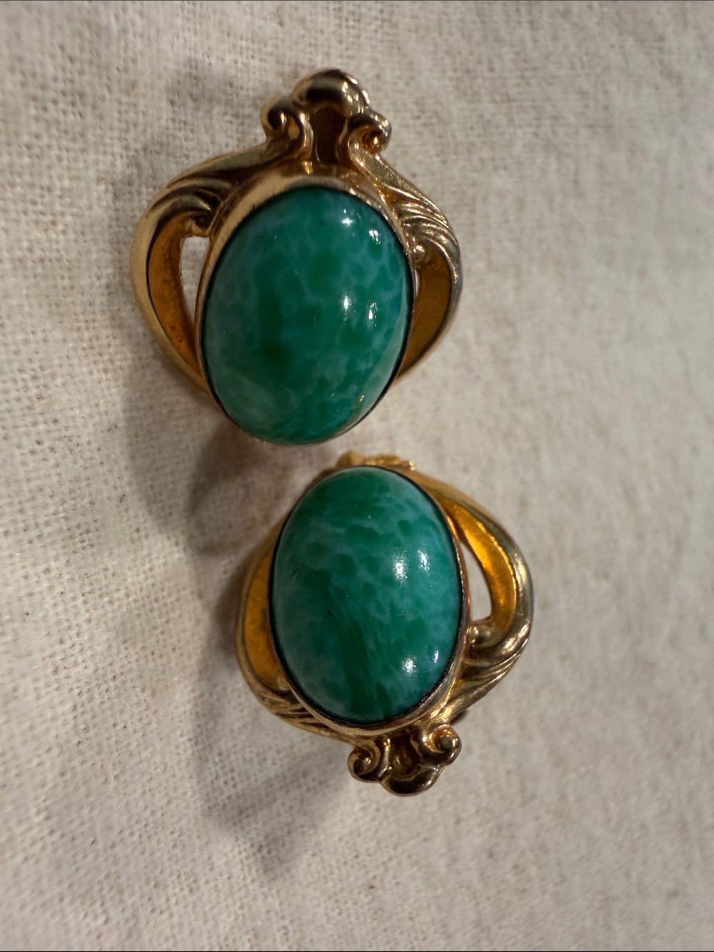 Vintage 12K Gold Filled- Earrings with Green Oval Cabochons